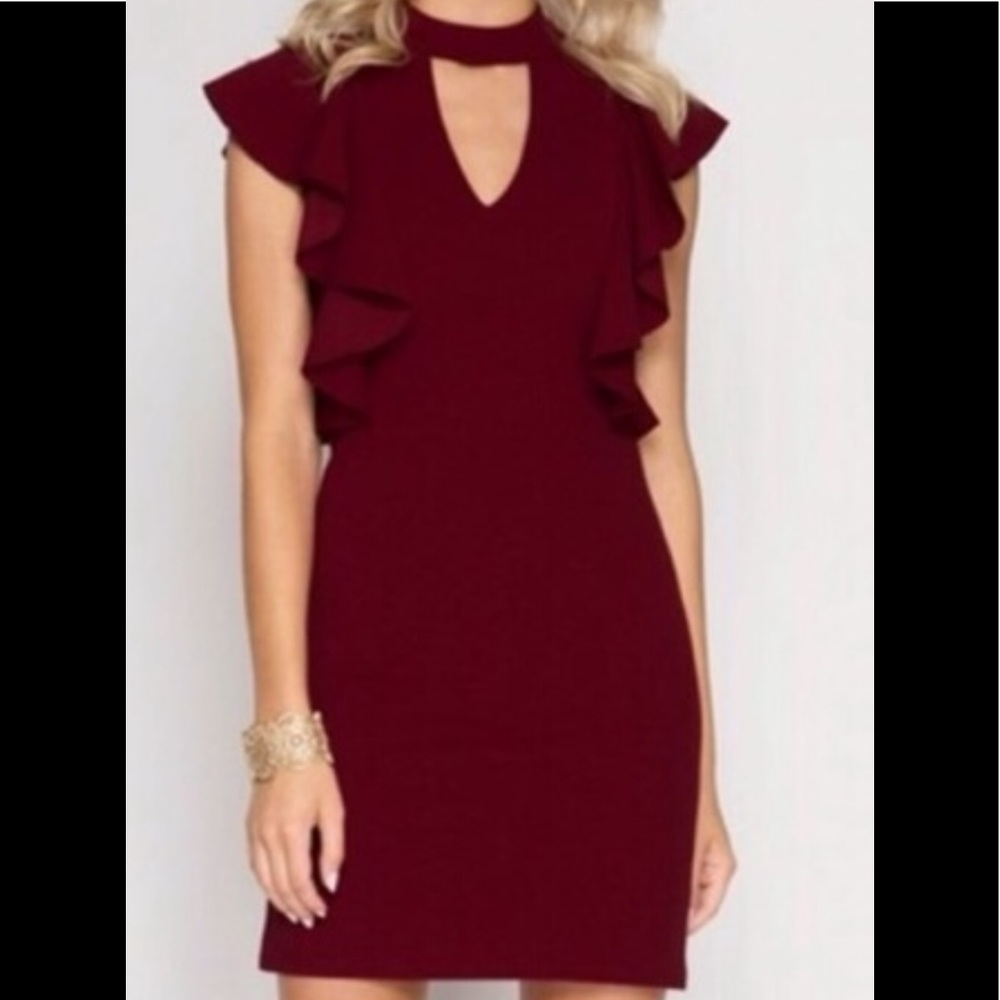 New In Burgundy Ruffled Sleeve Dress - Picture 3 of 7